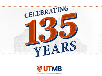 UTMB graphic celebrating 135 years with an illustration of the historic Ashbel Smith Building.