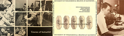 Historic School of Allied Health Sciences materials showing students in health professions education and training at UTMB.