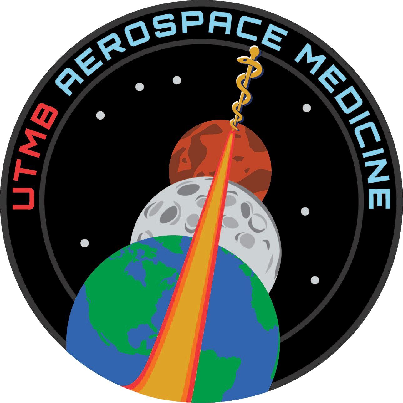 The UTMB Aerospace Medicine program patch depicting three planetary objects with a streak through them