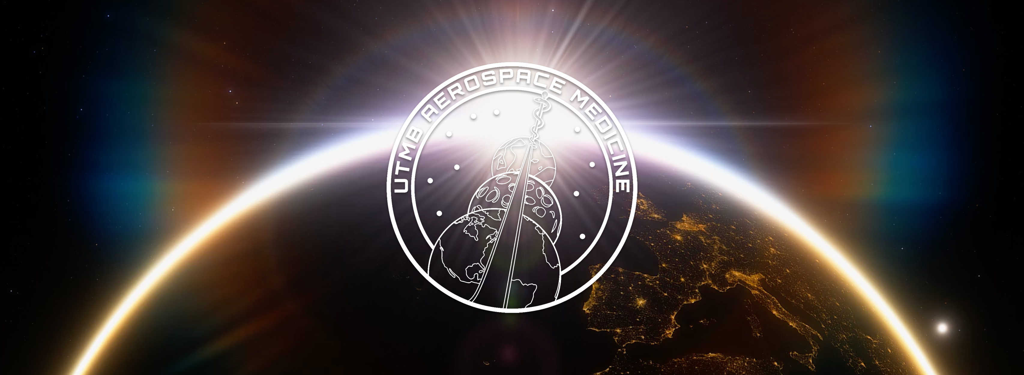 A monochrome line drawing of the UTMB Aerospace Medicine patch graphic overlayed over a planet with the sun rising in the horizon